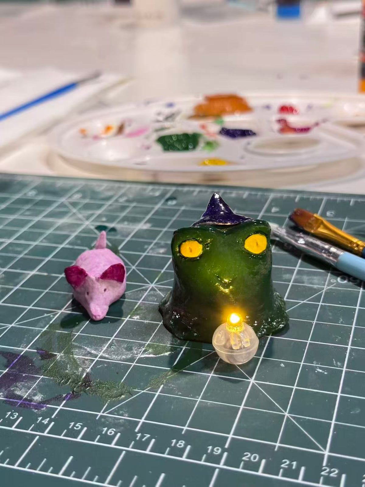 Handmade green Halloween clay ghost with witch hat